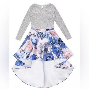 Long Sleeve Fit & Flare Girls Hi-Lo Dress Lacey Blue Glitter si…